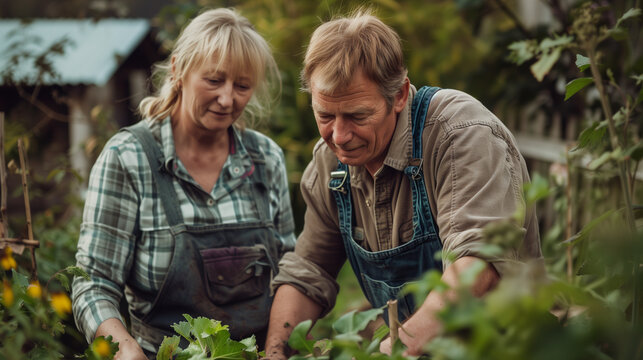 Mann und Frau als Ehepaar arbeiten gemeinsam im Garten und haben Spa&szlig; beim Landschaftsbau