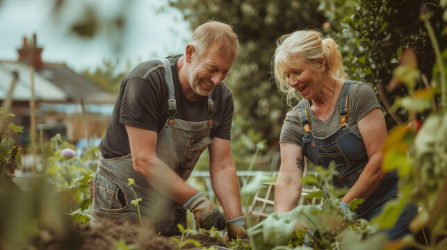 Mann und Frau als Ehepaar arbeiten gemeinsam im Garten und haben Spa&szlig; beim Landschaftsbau