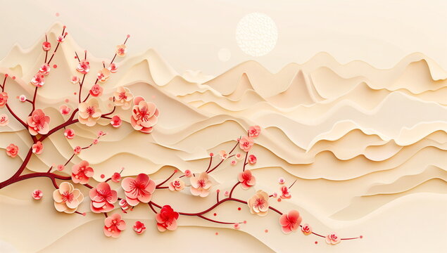 Minimalist mountainscape with cherry blossoms and a bright sun