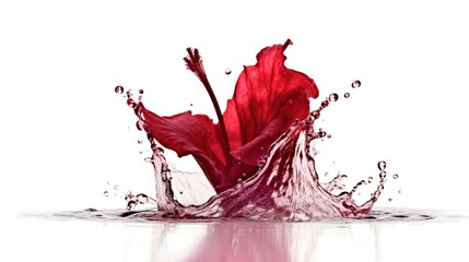 Bright red hibiscus flower in the center, with its petals fully bloomed and stamens visible with Juice Splashes isolated on white background.