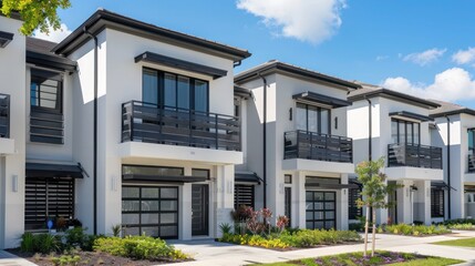 Obraz premium modern townhome with sleek black Bahama shutters, adding a touch of sophistication and sun protection