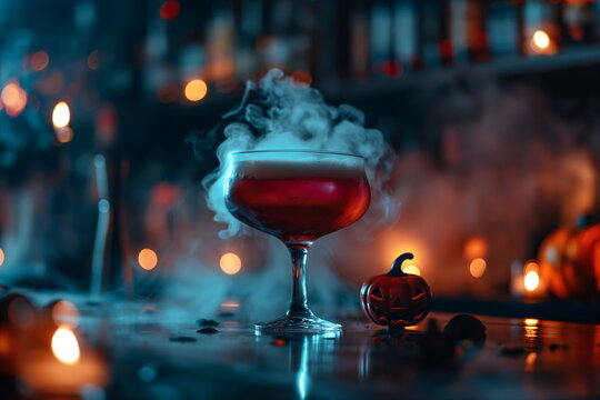 A dark red cocktail in an elegant glass, surrounded by smoke and Halloween decorations on the bar counter against a hazy background with candles