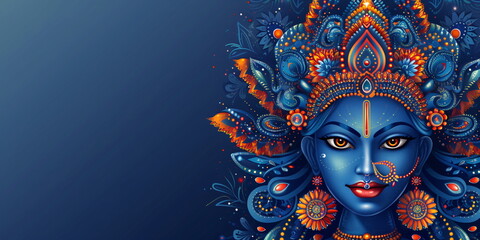 Indian Goddess Kali Maa on dark blue background. Goddess Durga Face. Religious festival of Hinduism Kali puja or Shyama Puja. Happy Durga Puja Subh Navratri