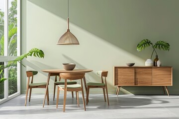Modern Dining Room Set with Wooden Table and Chairs, Hanging Light, and Green Plant Accent