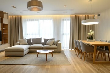 Modern Living Room with White Sofa, Wooden Table, and Large Windows