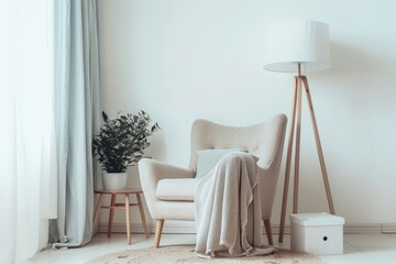 Modern Living Room Decor: Minimalist Chair with Blanket, White Lamp, and Plant on Wooden Table