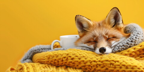 Fox resting with a cup and a cozy scarf on a yellow background. Adorable pet portrait