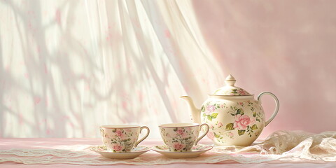 Vintage tea set with floral patterns on a lace tablecloth, bathed in soft, warm sunlight, cozy and elegant atmosphere