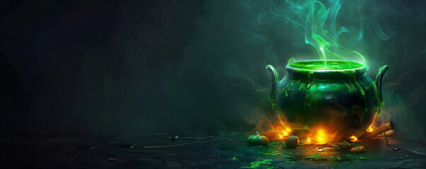 Witch's cauldron with green smoke and glowing potions, halloween background, banner design with copy space