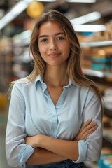 Happy Shopper Posing in Front of Shelves