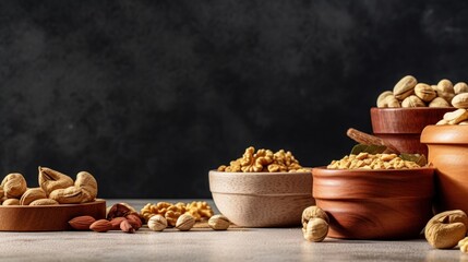 various types of nuts served in a wooden bowl on a gray surface on a black background.