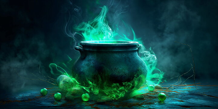 Witch's cauldron with green smoke and glowing potions, halloween background, banner design