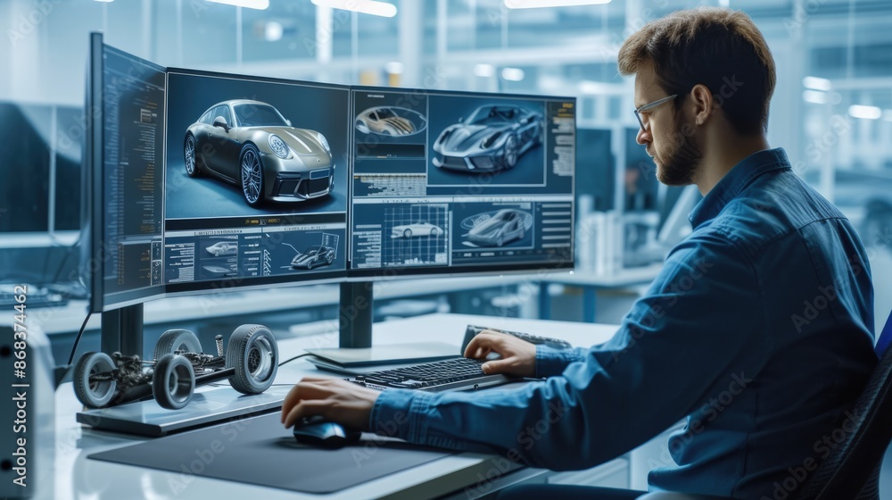 Poster a man sits at a desk with two computer monitors, using a personal computer and peripherals for engin