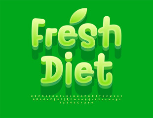 Vector eco template Fresh Diet. Playful Green Font. Funny 3D Alphabet Letters and Numbers set.
