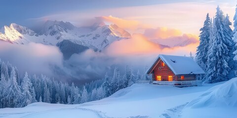 Fototapeta premium Snowy Cabin in the Majestic Mountains