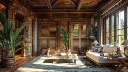 Fototapeta premium mountain home with rustic, carved Bahama shutters, featuring local fauna motifs that reflect the wildlife of the area
