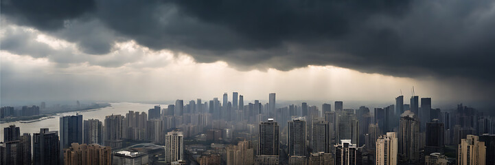 Fototapeta premium Cloudy stormy apocalyptic city skyline urban landscape background