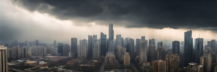 Cloudy stormy apocalyptic city skyline urban landscape background