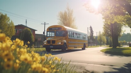 Obraz premium A yellow school bus is driving down a road