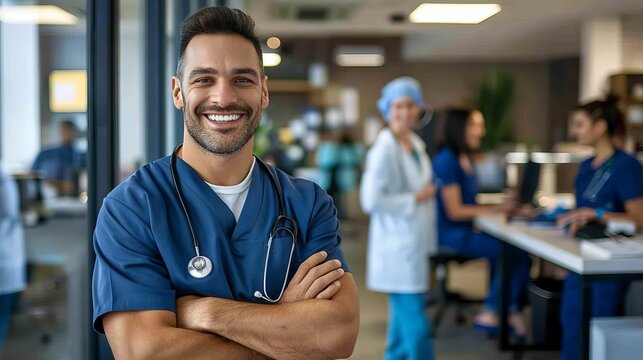 Confident male healthcare professional standing in a thriving medical facility. Healthcare team in the background. Professionalism and teamwork emphasized in this clear, bright and modern setting. AI
