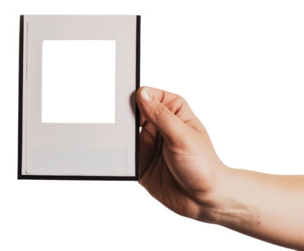 Hand holding blank polaroid frame, cut out - stock png.