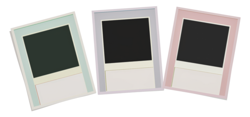 Three empty polaroid frames isolated on white background:this image shows three empty polaroid frames isolated on a white background. the frames are in different colors, cut out - stock png.