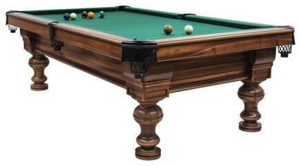 Wooden pool table with green felt and balls, cut out - stock png.