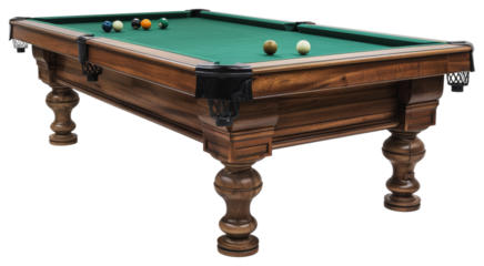 Wooden pool table with green felt and balls, cut out - stock png.
