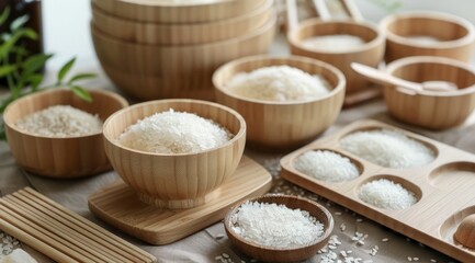 Organic Rice in Wooden Bowls and Containers, Natural Food Display