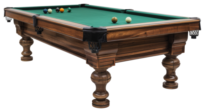 Wooden pool table with green felt and balls, cut out - stock png.