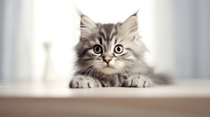 a shaggy cat with green eyes lying on the floor. The cat has light gray fur with striped patterns and sharp green eyes.