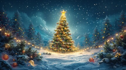 A Christmas Tree Is Lit Up in the Middle of a Snow Covered Field - Generative AI
