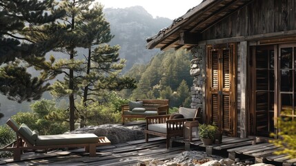 Obraz premium mountain retreat with rustic wood Bahama shutters, providing a cozy place to enjoy the scenic views