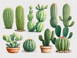 Fototapeta premium Collection of cactus plants. Illustration. Isolated background. Transparent.