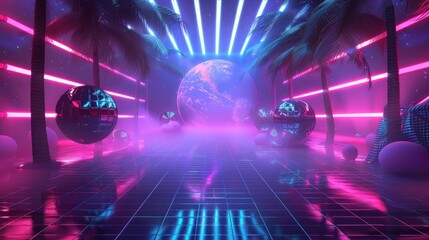 Disco balls on night club stage with neon lights, 80s retro party banner