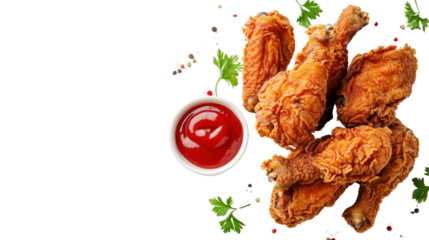 Fried chicken with tomato ketchup on transparent background