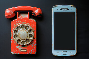 Classic vintage old fashioned retro style of red  telephone versus new technology smart phone on grey background, wallpaper, background