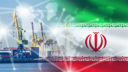 Seaport in Iran. Harbor for ships on ocean. Maritime infrastructure of Iran. Port for unloading sea vessels. Harbor with cranes on shore. Sea import of goods from Iran. Logistics seaport