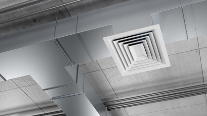Industrial ventilation system. Pipes for room conditioning. Ventilation under ceiling of building....