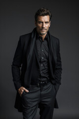 Fototapeta premium 1 A stylish handsome model posing confidently, wearing high fashion attire, full body, simple solid background, studio lighting, a minimalist composition,
