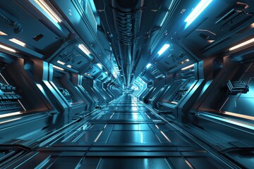 Futuristic Sci-Fi spaceship corridor with blue neon lights, metallic panels, and reflective surfaces.  Ideal for technology, space travel, and cyberpunk themes.