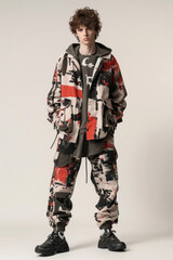 5 A male fashion model in a trendy outfit, full body, simple solid background, studio lighting, a minimalist composition,