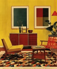 Mid-century modern furniture and geometric patterns highlighting a yellow wall