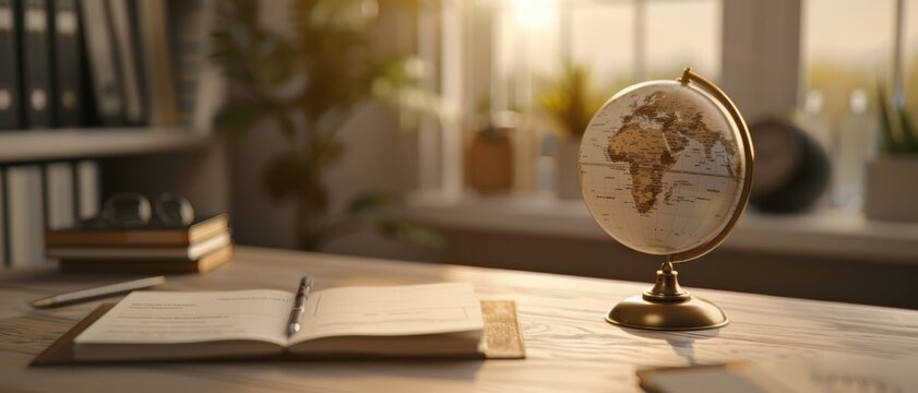 Globe and world map on a study desk, sunlight streaming in, adventurous vibe