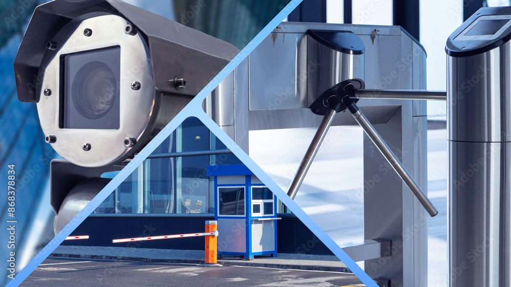 Poster enterprise security system. surveillance camera. barrier and turnstile on passage. cctv equipment. s
