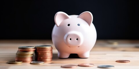 Pink Piggy Bank and Stacks of Coins