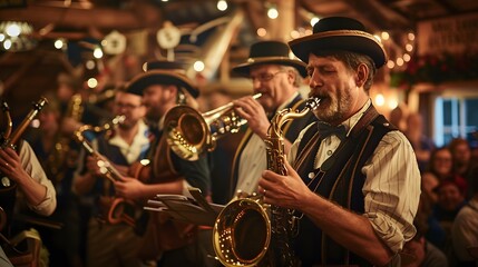 Live brass band performance in a cozy, rustic venue with warm lighting and audience enjoying the music.