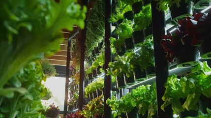 Obraz premium Indoor vertical plant hydroponic farm with various types of plants growing on shelves.