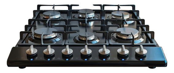 Black gas stovetop with six burners and control knobs, cut out - stock png.