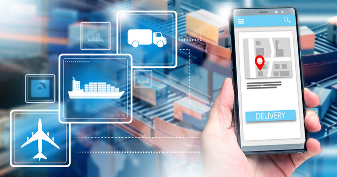 Delivery technologies. Smartphone with courier application. Delivery tracking via phone. Parcels on conveyor. Order delivery through application. Symbols of maritime and air logistics. Courier phone